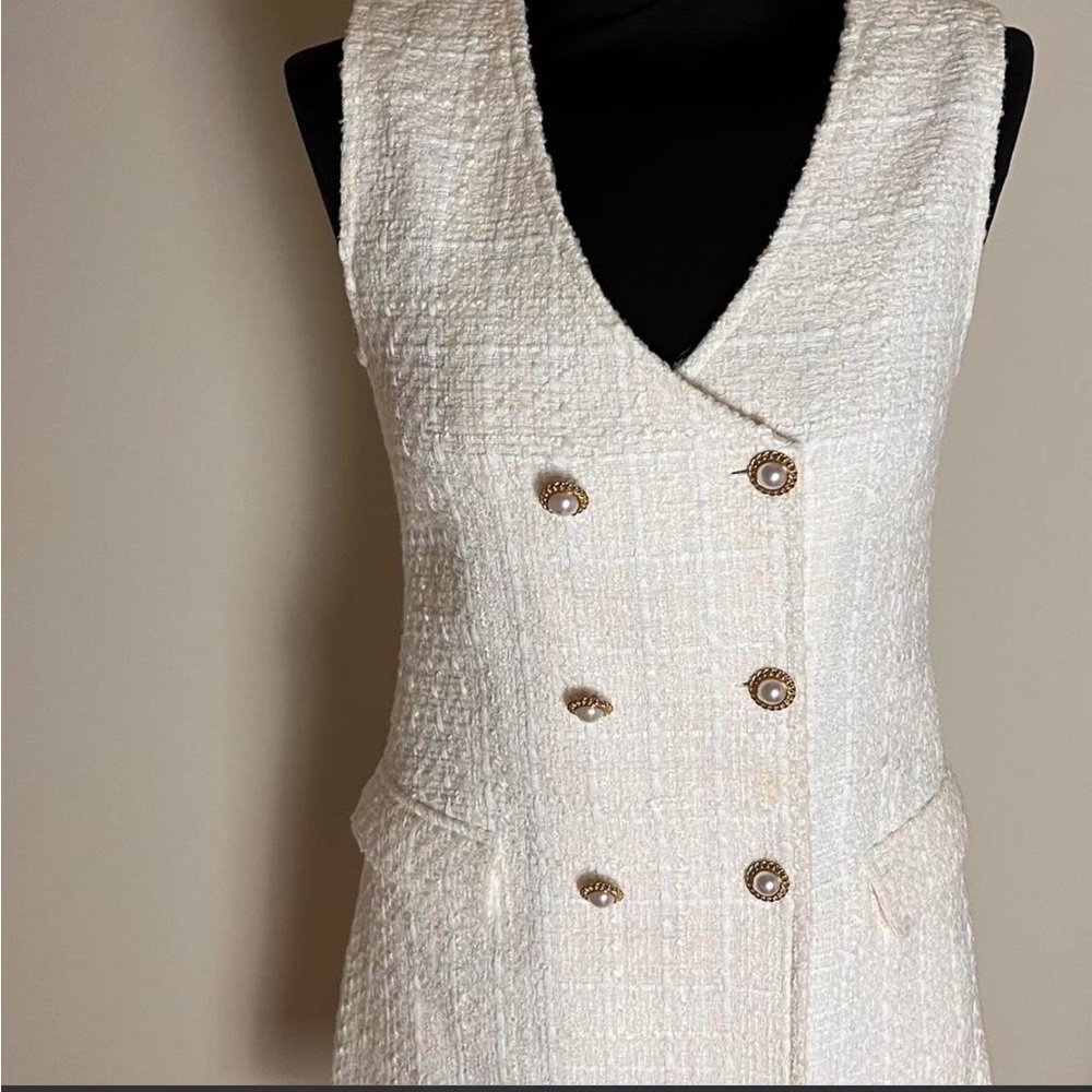 Zara Ivory Textured Tweed Double-Breasted Vest Dress with Gold Buttons